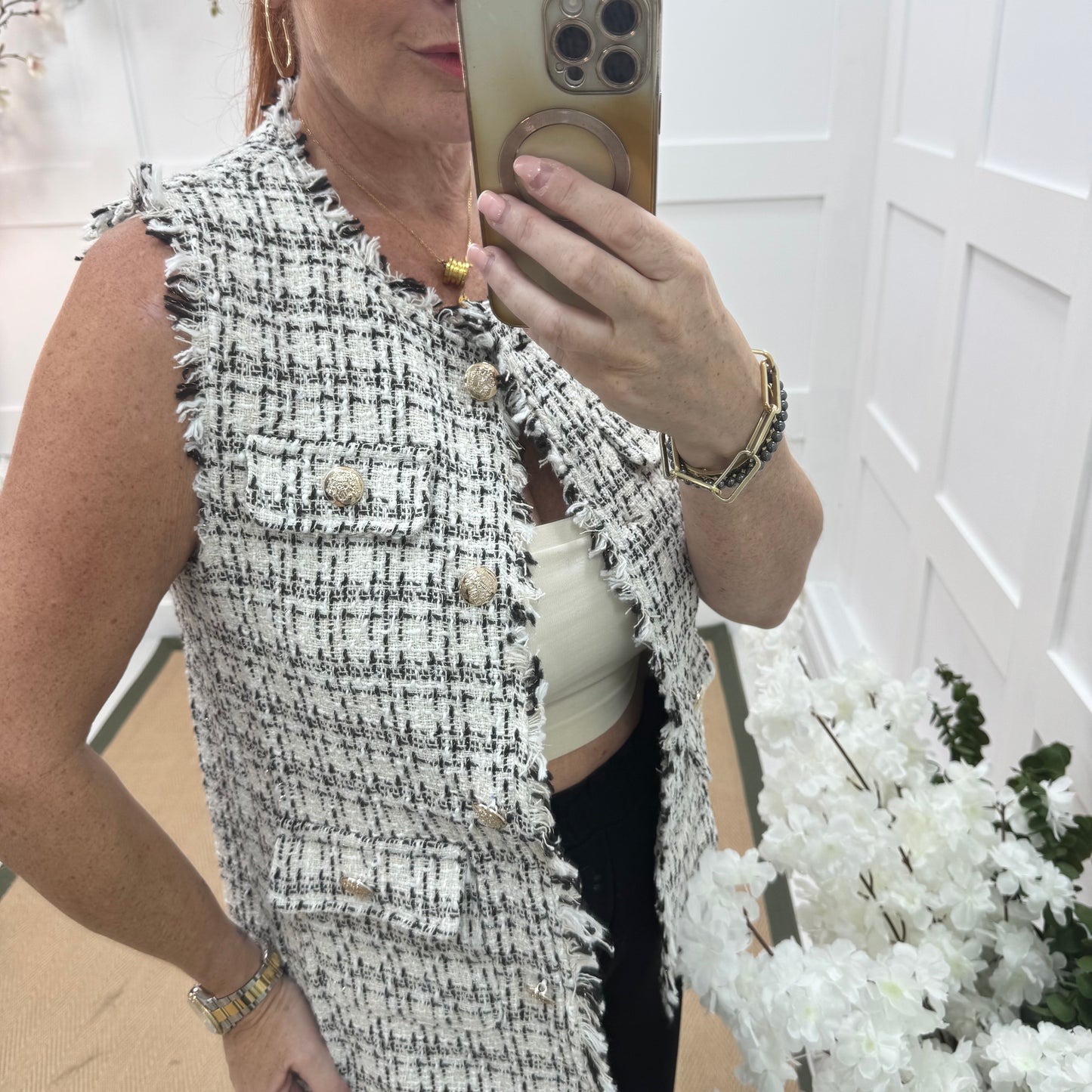 Devon: Black tweed button waistcoat. One size: 8-12