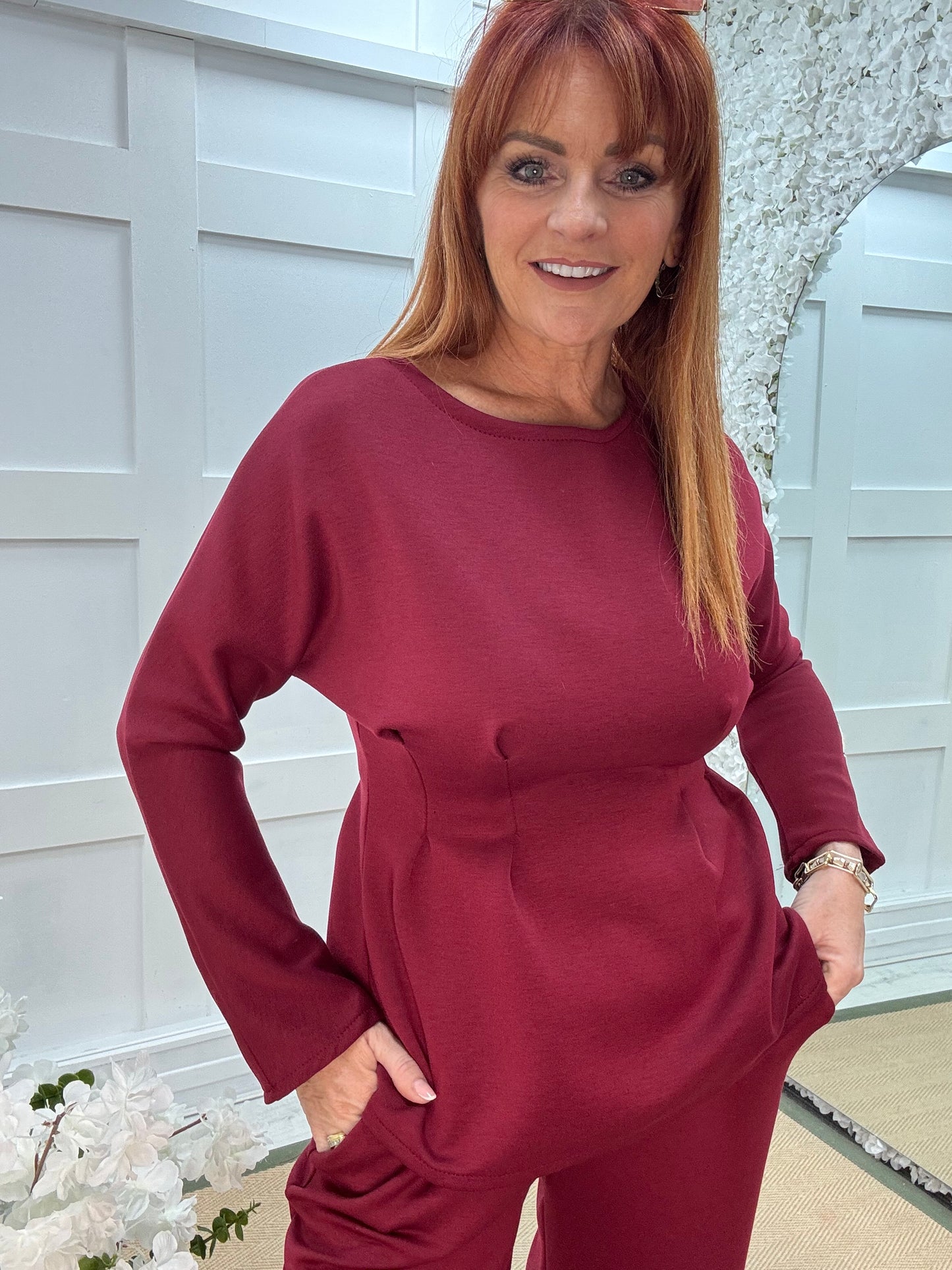 Pandora: Burgundy 2 piece peplum loungewear set. One size: 10-14