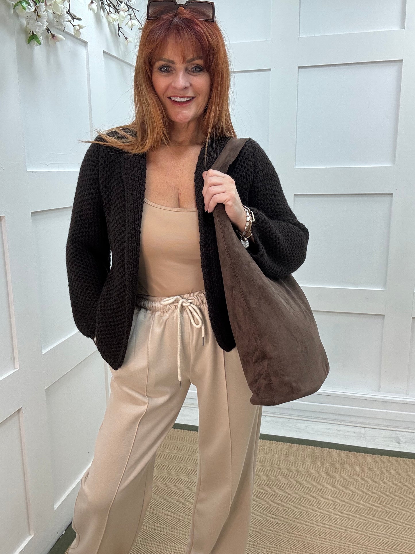 Sable: Brown vegan suede slouchy bag