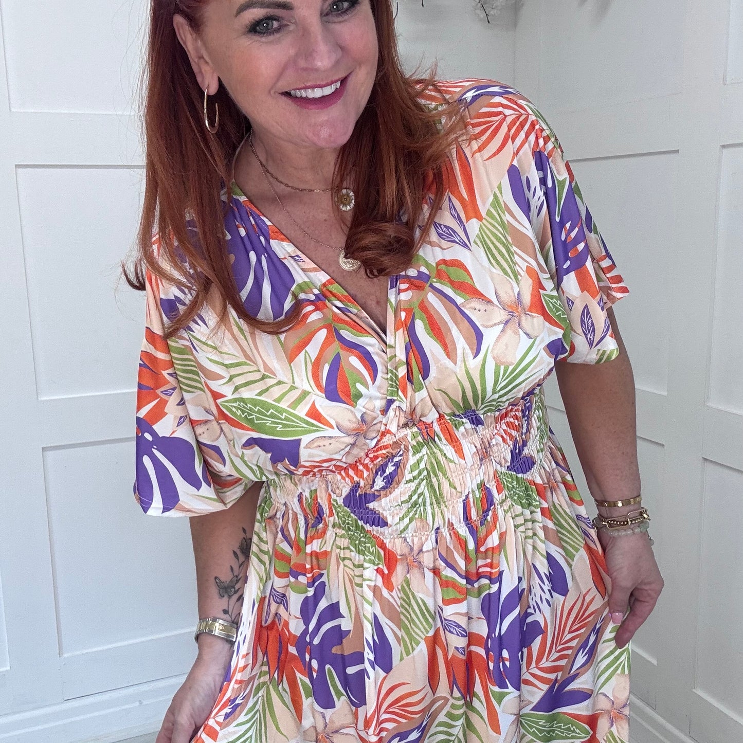 Eva: Stretchy orange & purple leaf maxi dress. One size 12-24