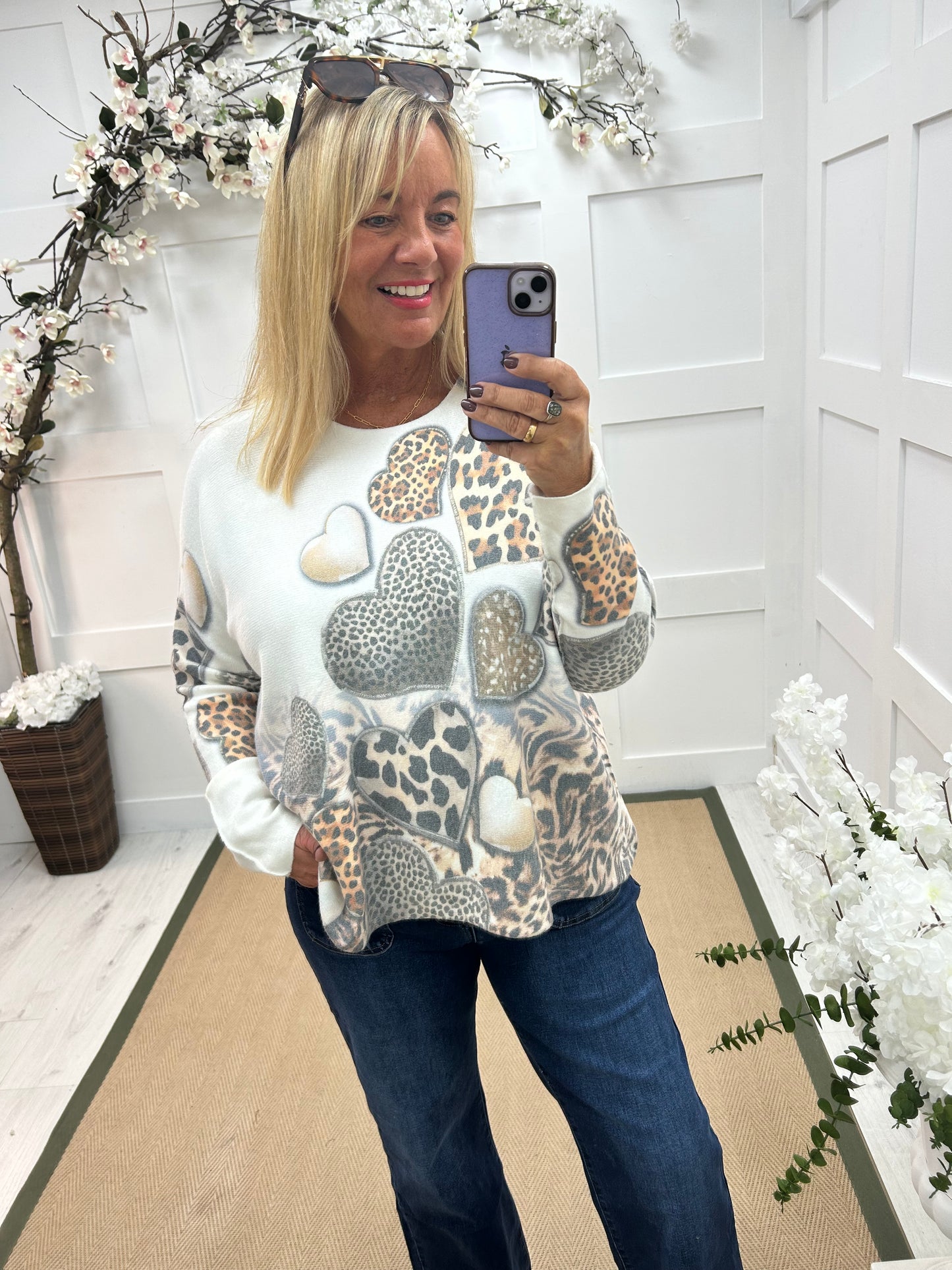 Sorrel: Cream & heart leopard print top. One size: 12-20