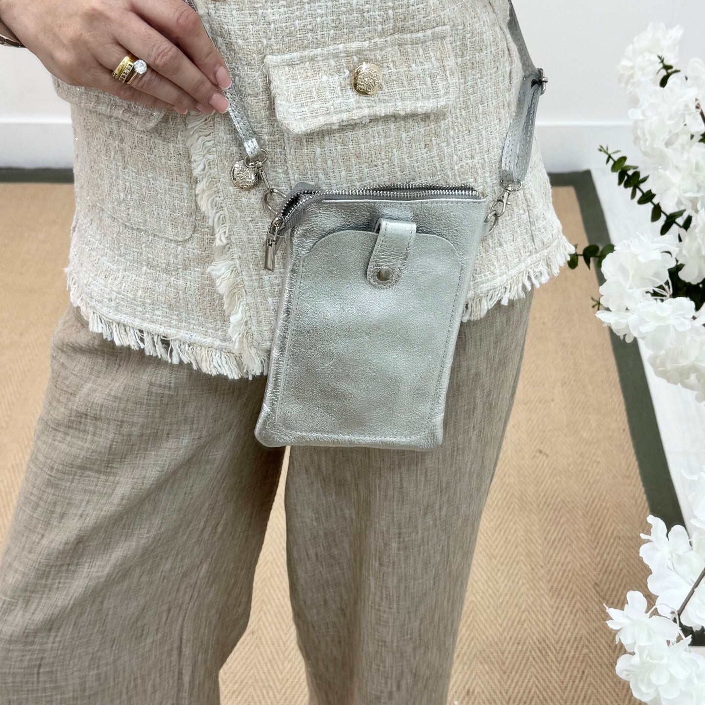 Petra: Silver Italian leather phone cross body bag