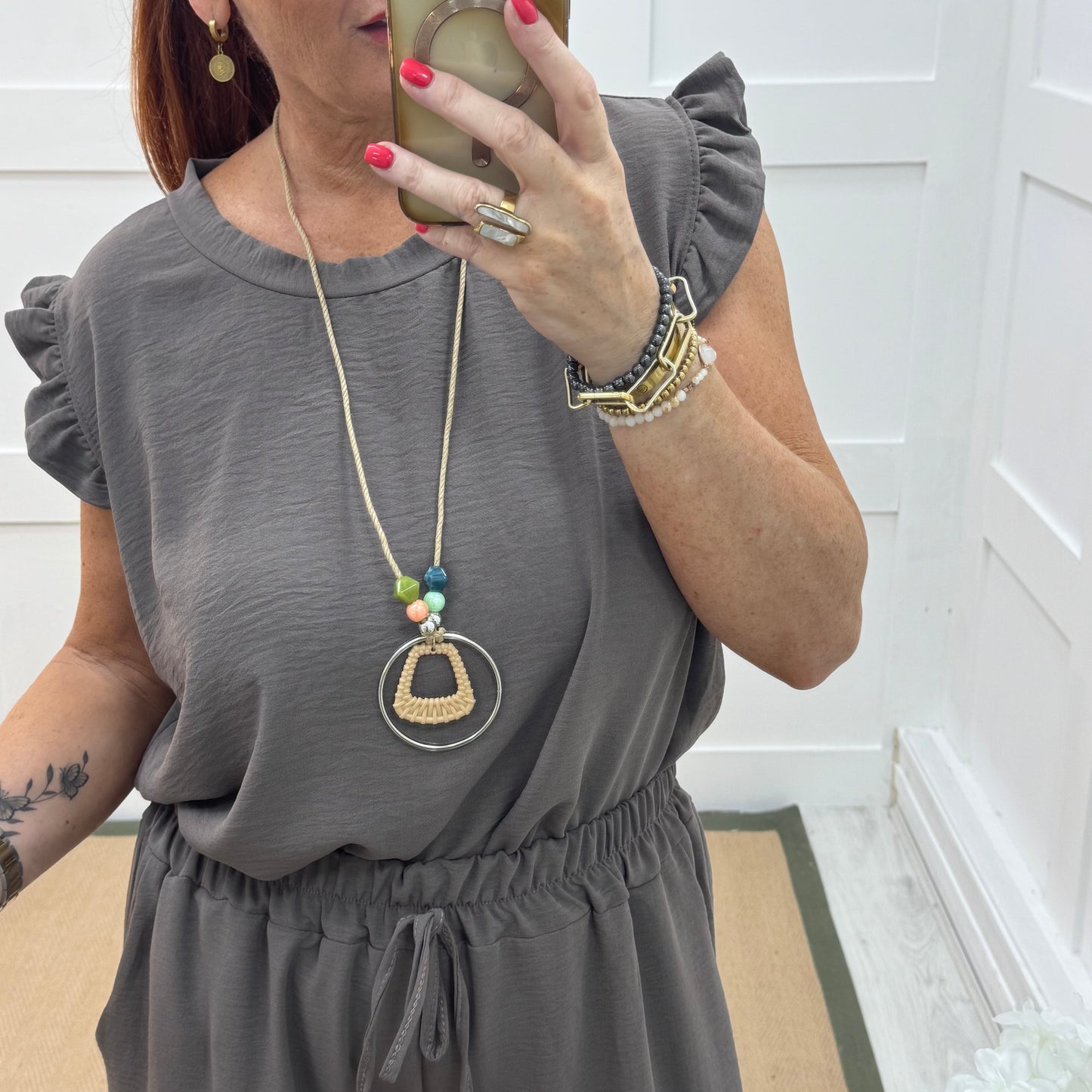 Ember: Taupe frill sleeve top & pendant. One size: 14-20