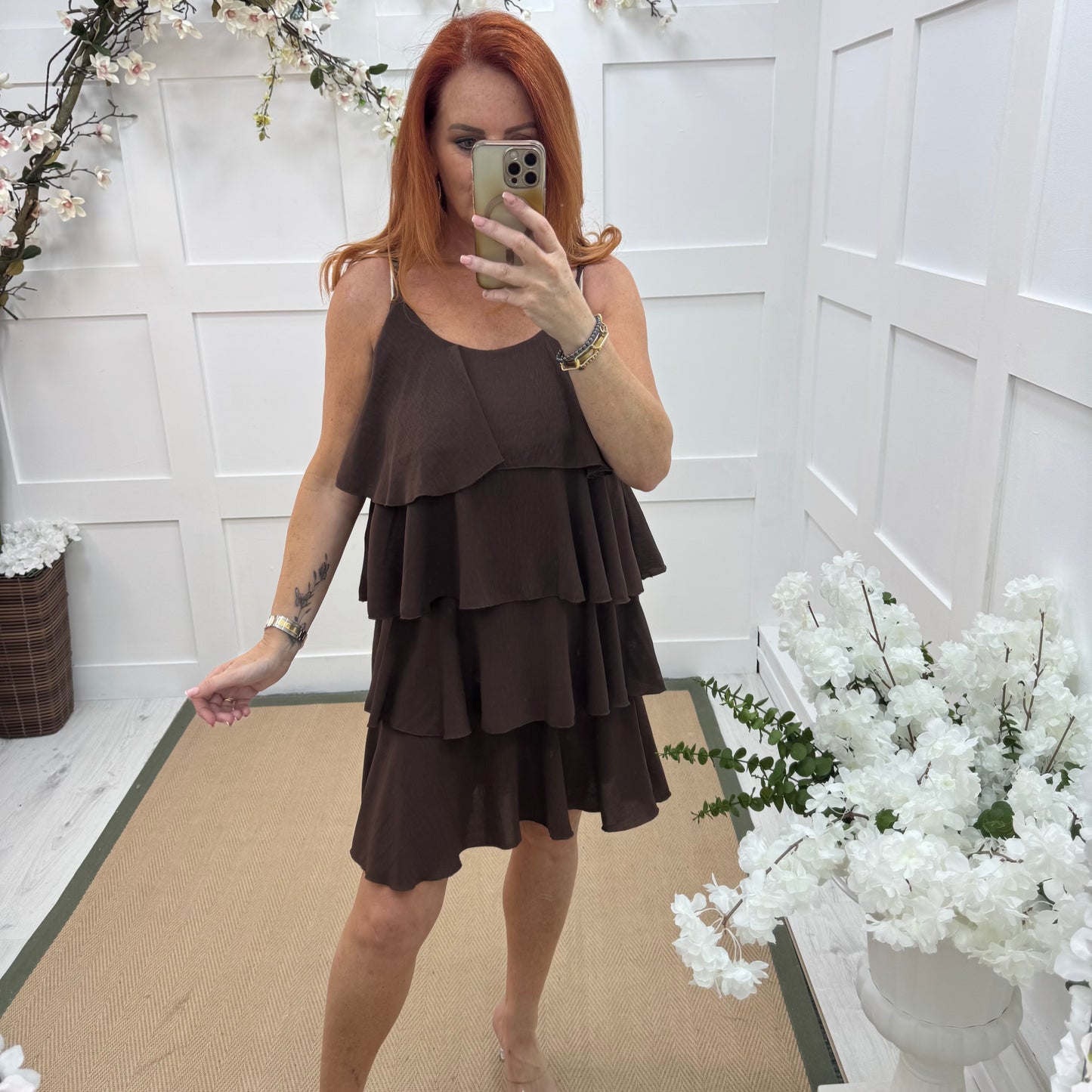 Rachel: Brown short tiered rara dress. One size 8-16