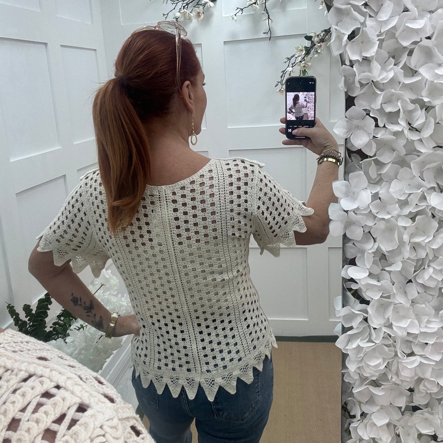 Katia: Cream crochet short sleeve top. One size: 8-14
