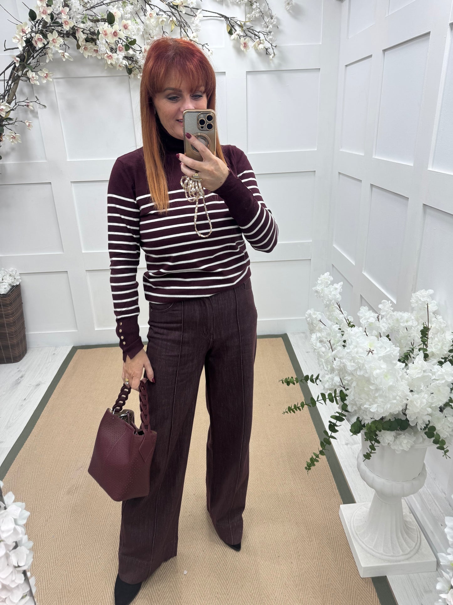Benita: Burgundy high waist wide leg jeans. Sizes: 6-14