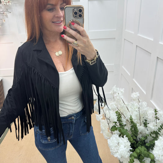 Heidi: Black short suede fringe jacket. One size: 8-14