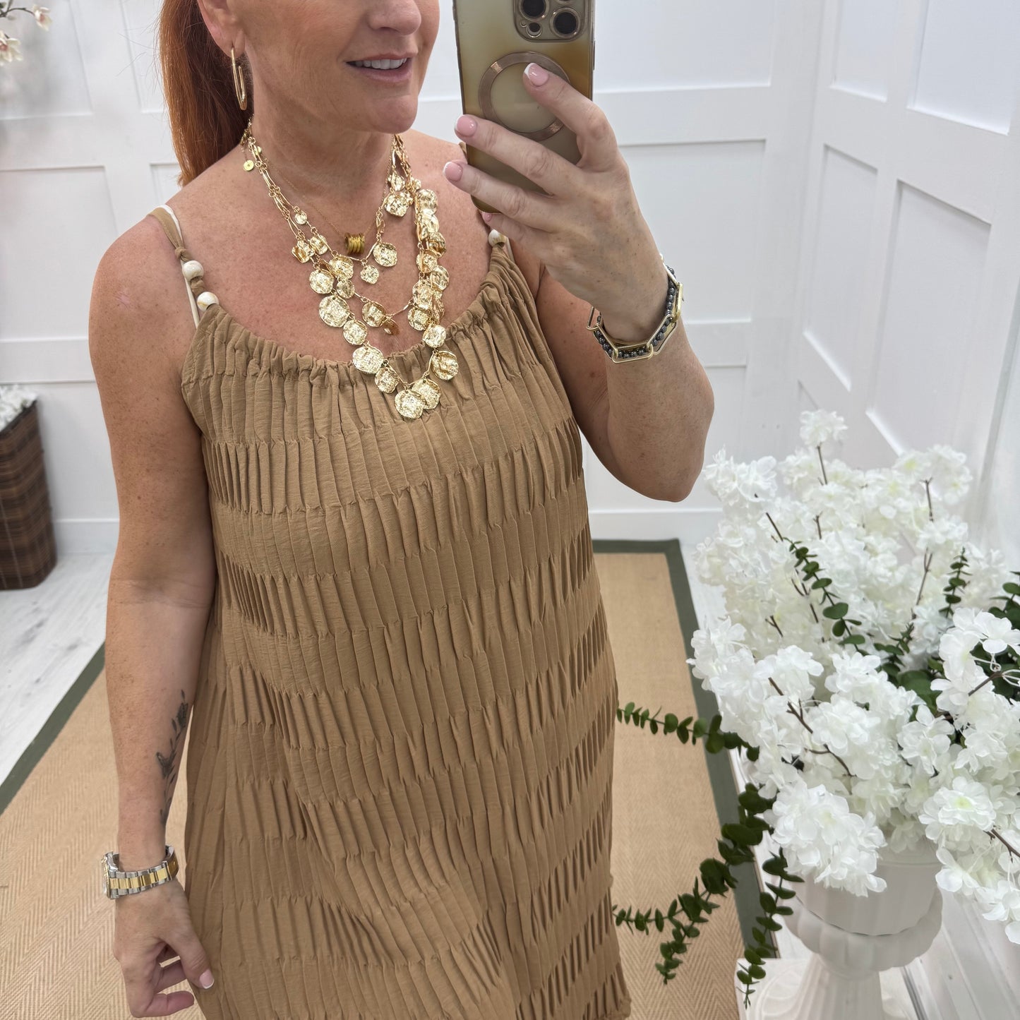 Thea: Sand waffle beaded strappy dress. One size 14-20
