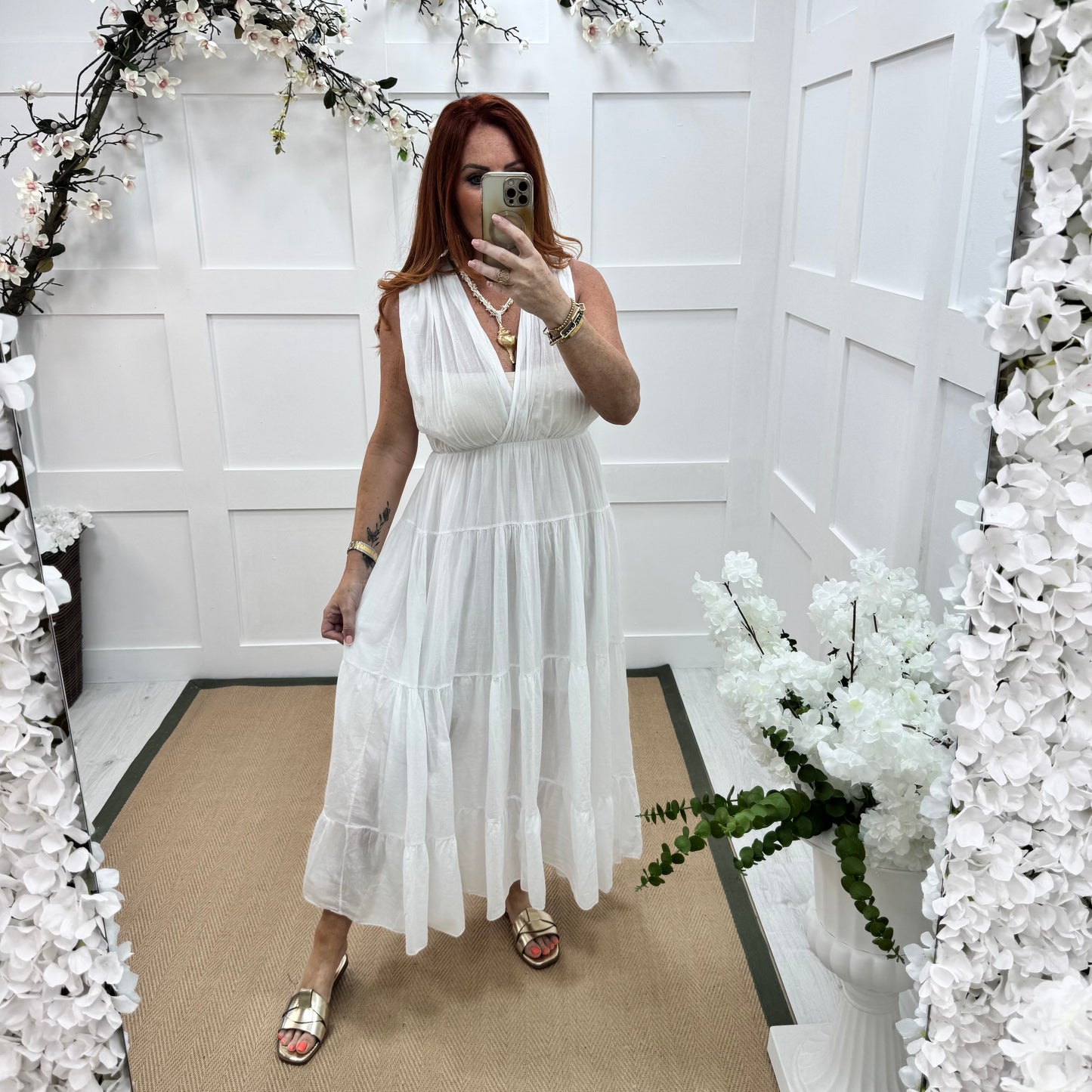 Gaynor: White Grecian tiered maxi dress. One size 12-20