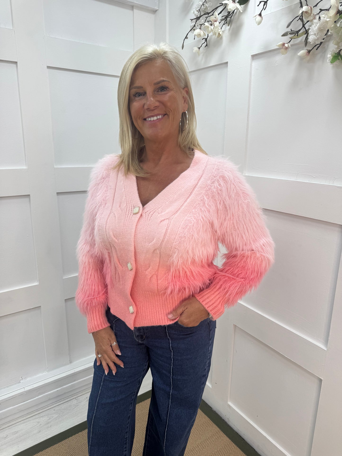 Olivia: Pink ombre fluffy knit top. One size: 10-16