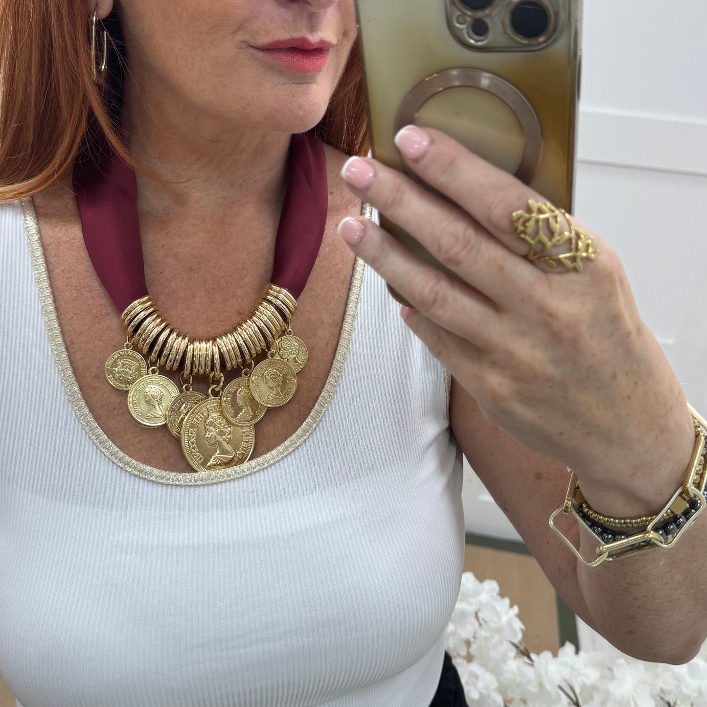 Petra: Burgundy & gold coin scarf statement necklace