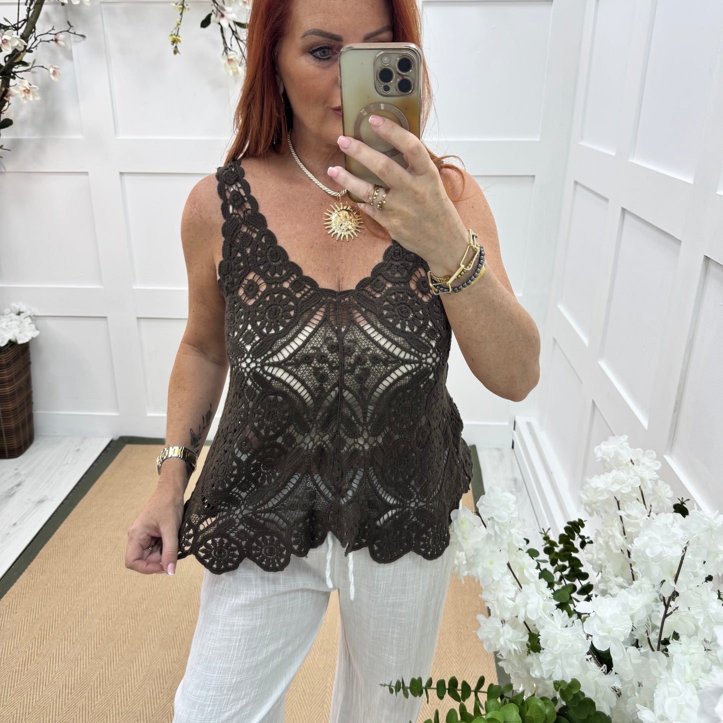 Stella: Brown crochet vest top. One size: 10-16