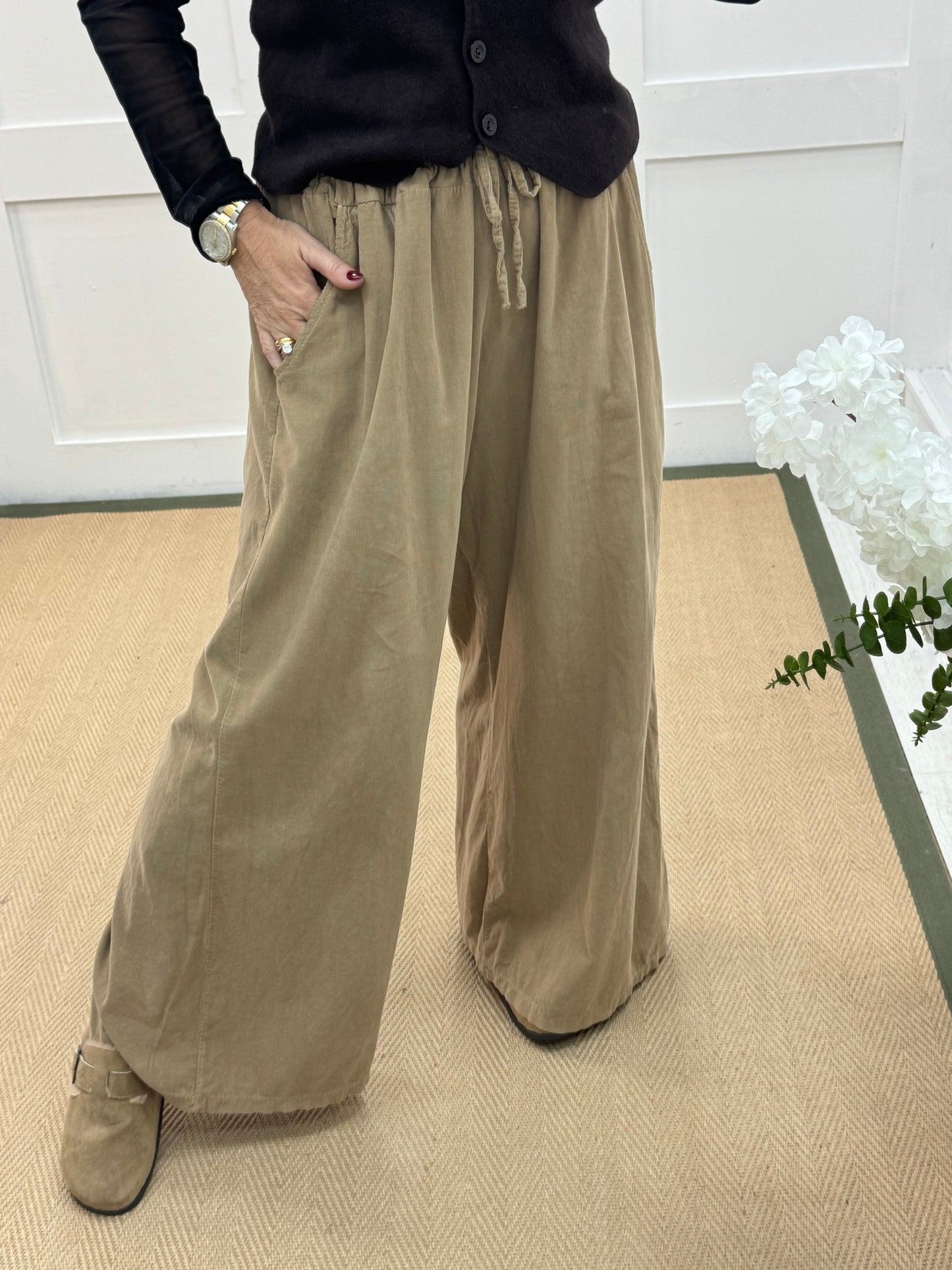 Lark: Sand needle cord wide trousers. One Size: 8-16