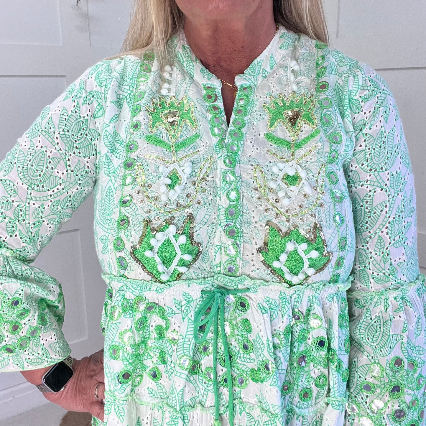 Skylar: Neon green short embroidered sequin dress. One size: 12-18