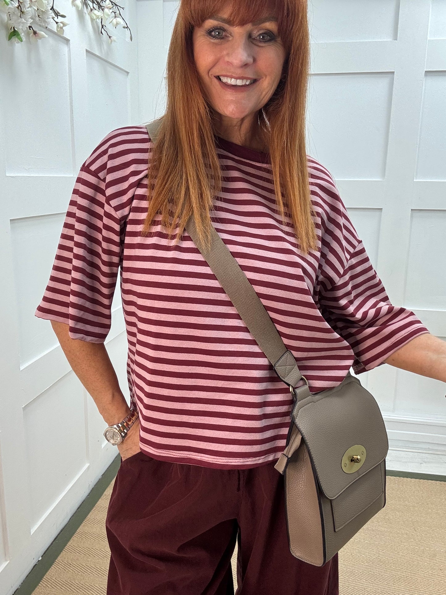 Sobia: Burgundy & pink striped cotton top. One size 12-18