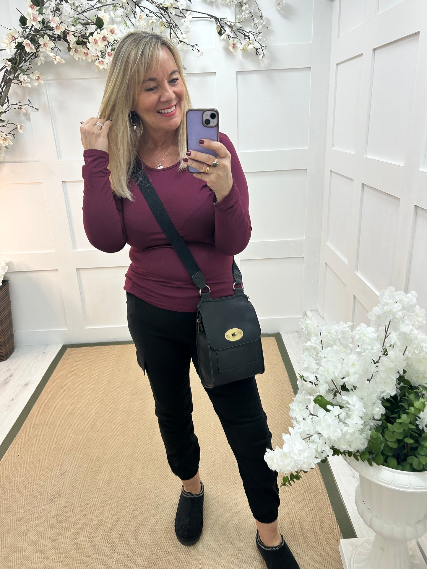 Charley: Black cargo jogger trousers. Two sizes.