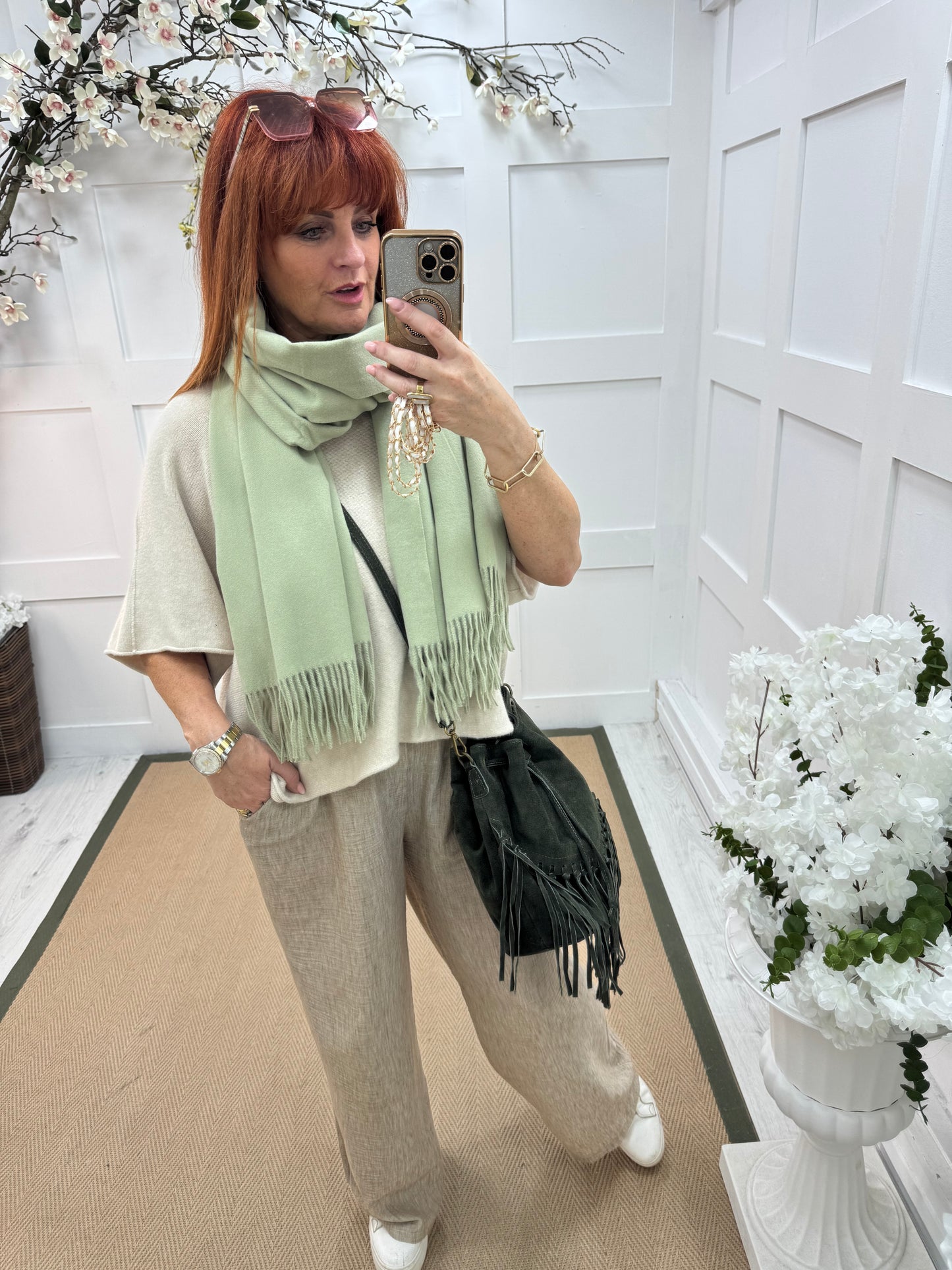 Indra: Plain green soft feel tassel scarf