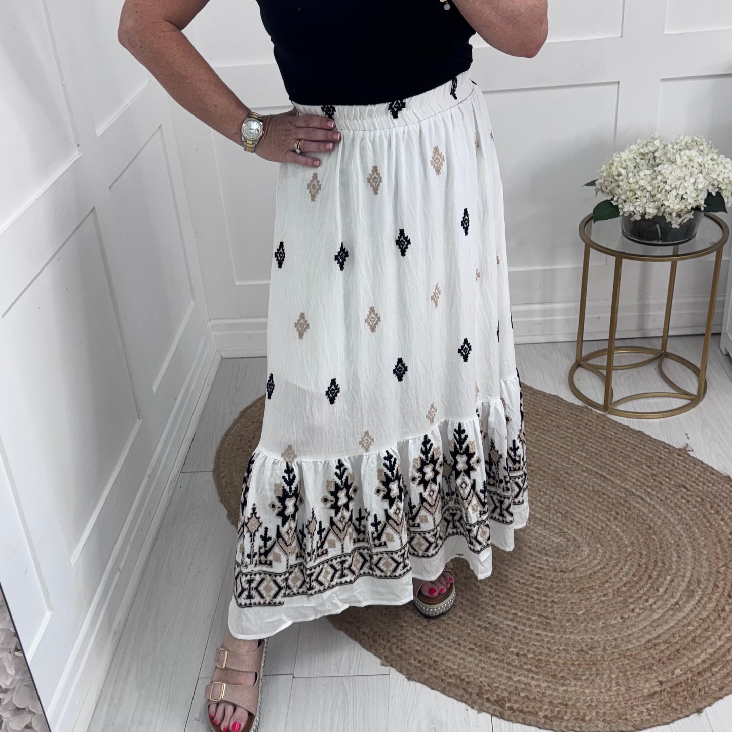 Dana: White embroidered boho maxi skirt. One size: 8-14