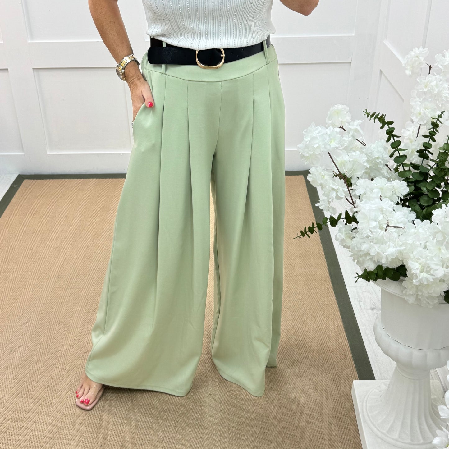Zina: Mint green pocket wide leg trousers. One size: 8-14