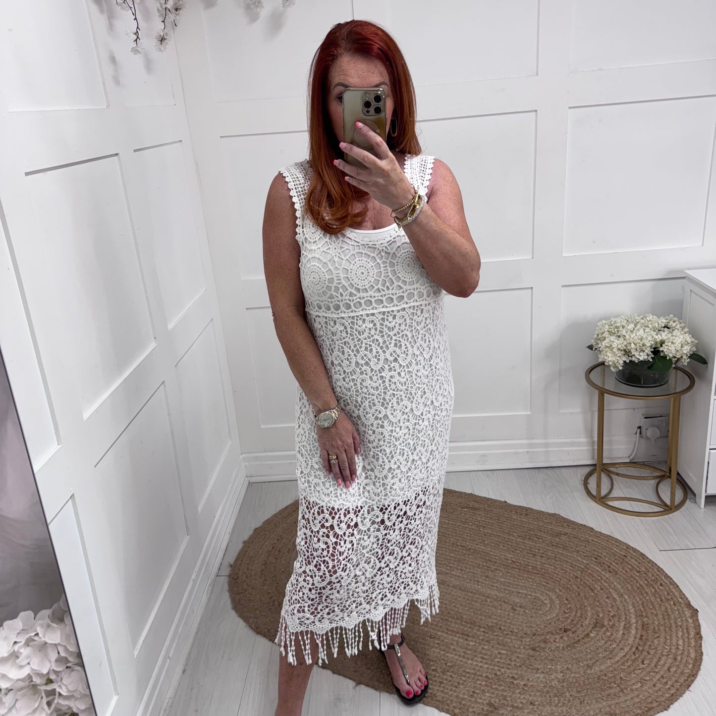 Abbie: Sleeveless white crochet knit dress. One size: 12-18
