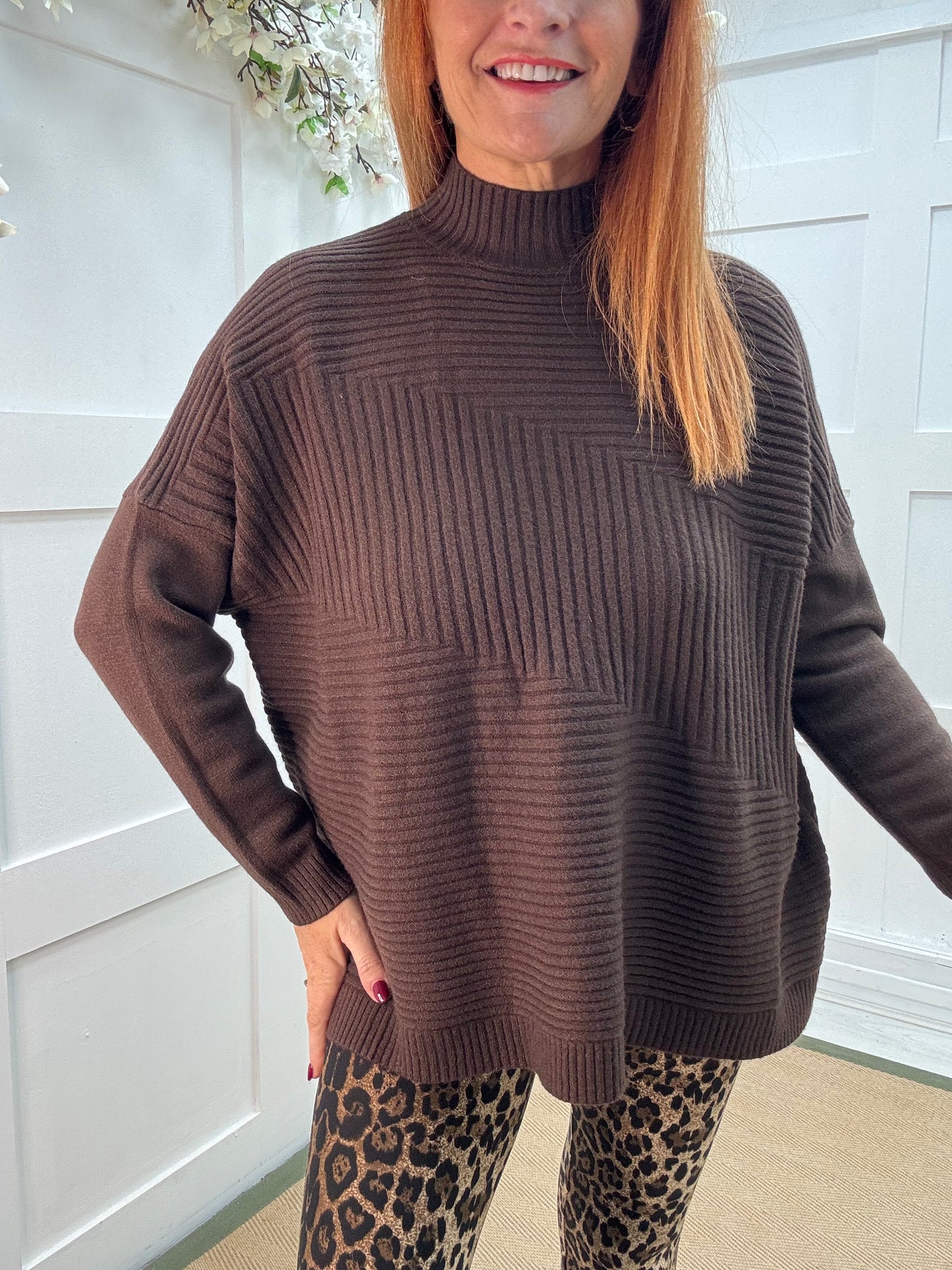CJ: Brown high neck knitted top. One Sz: 12-18