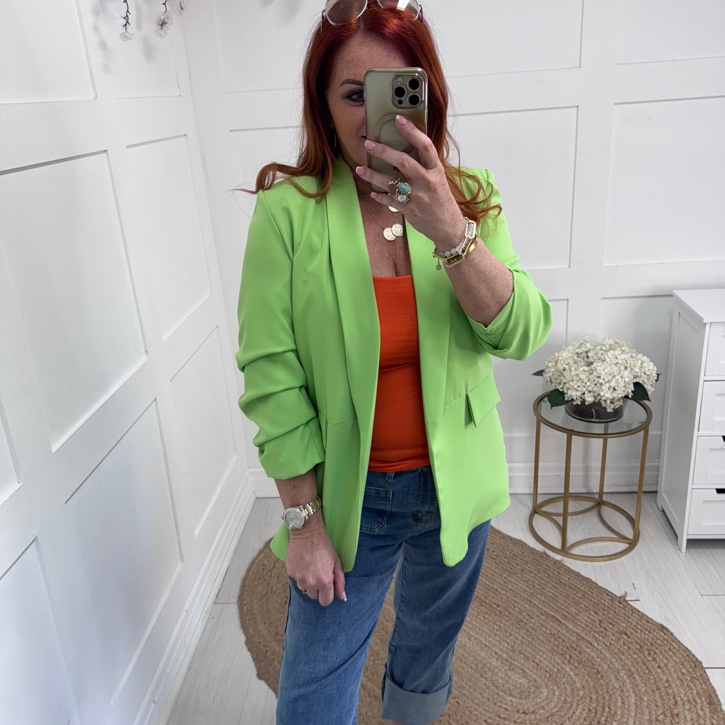 Jody: Lime ruched sleeve blazer. Sizes 10-18
