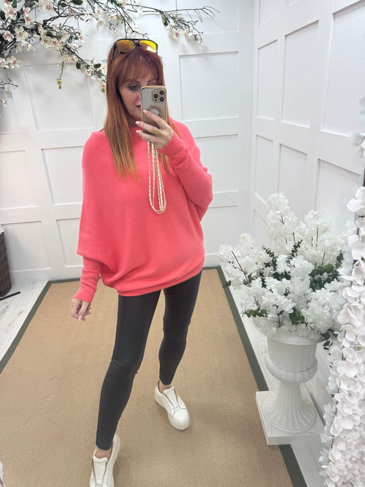 Erica: Watermelon pink asymmetrical slouch soft knit top. One size 10-18