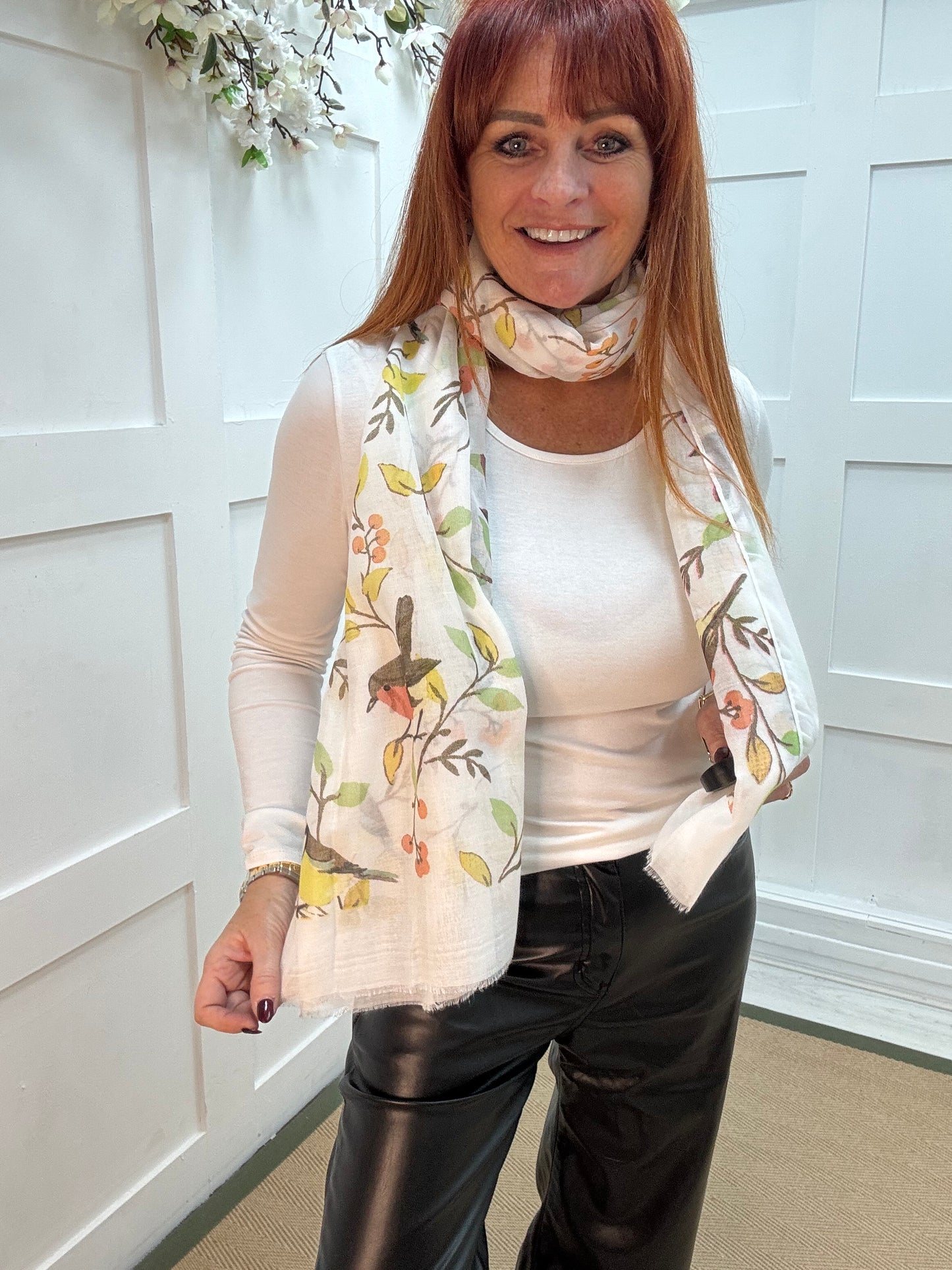 Robyn: White robin & blue tit bird scarf