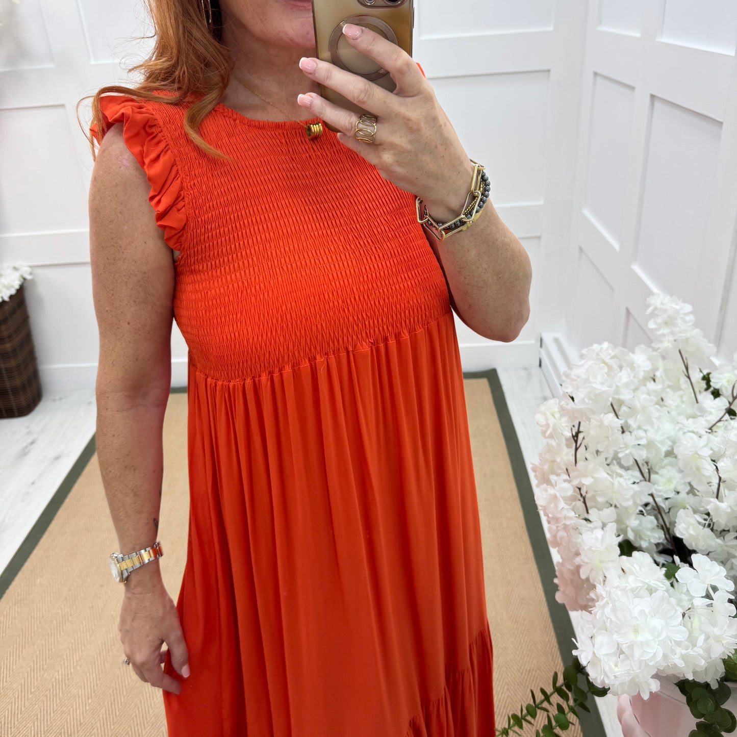 Jazz: Orange shirred maxi dress. One size 10-18