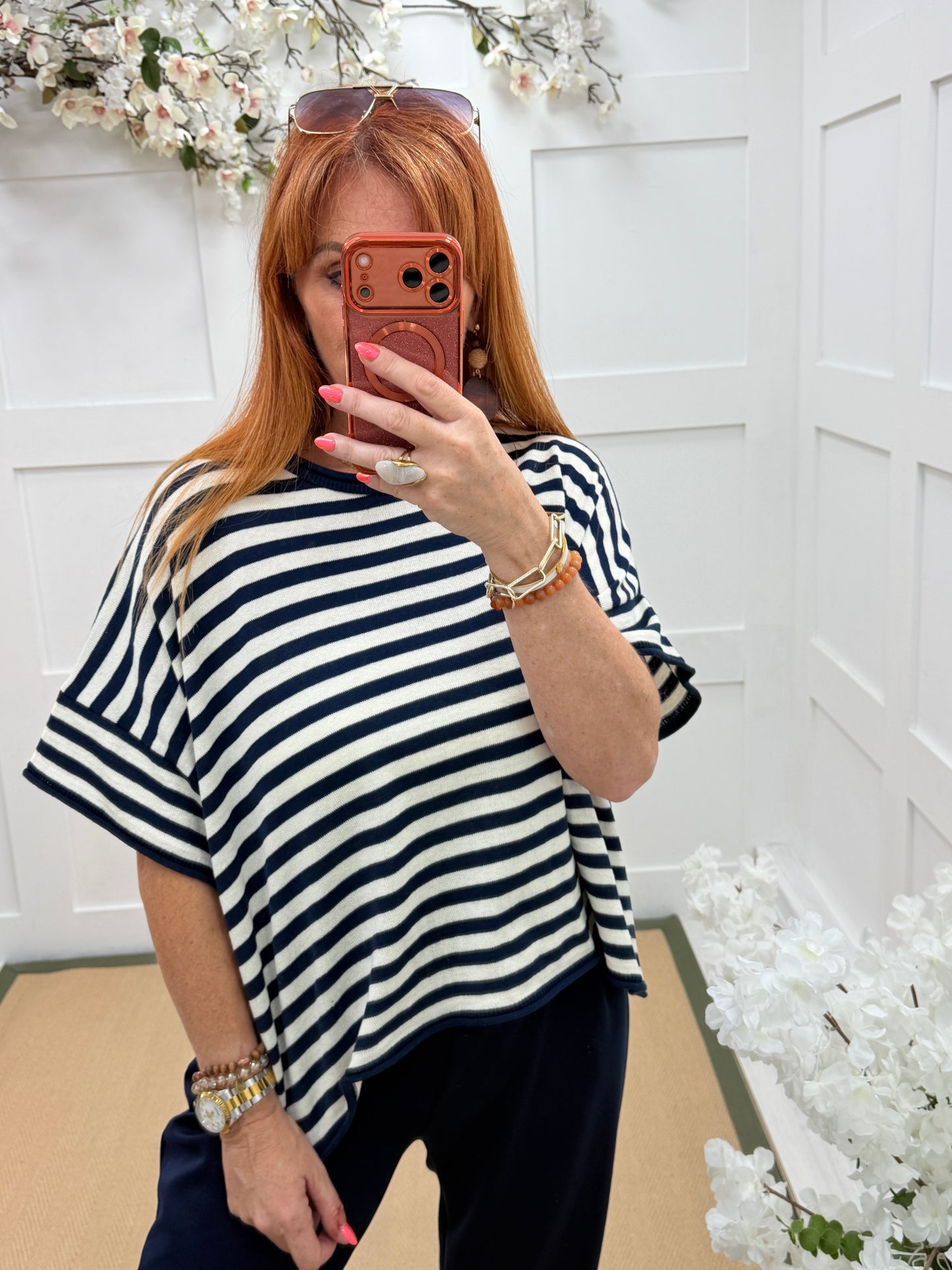 Suki: Short sleeve stripe knit top. One size: 12-18. 2 colours