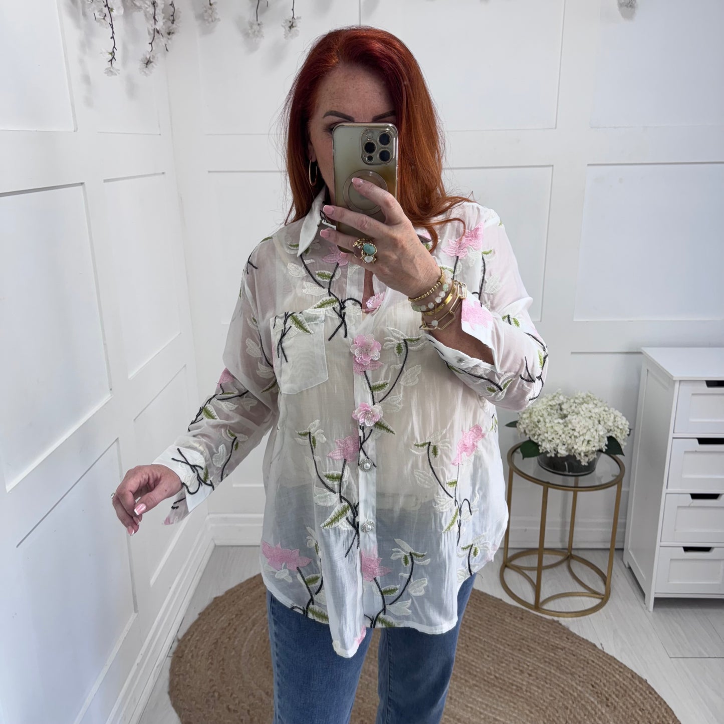Mia: White blouse with pink acrylic flowers & embroidery. One size: 12-18