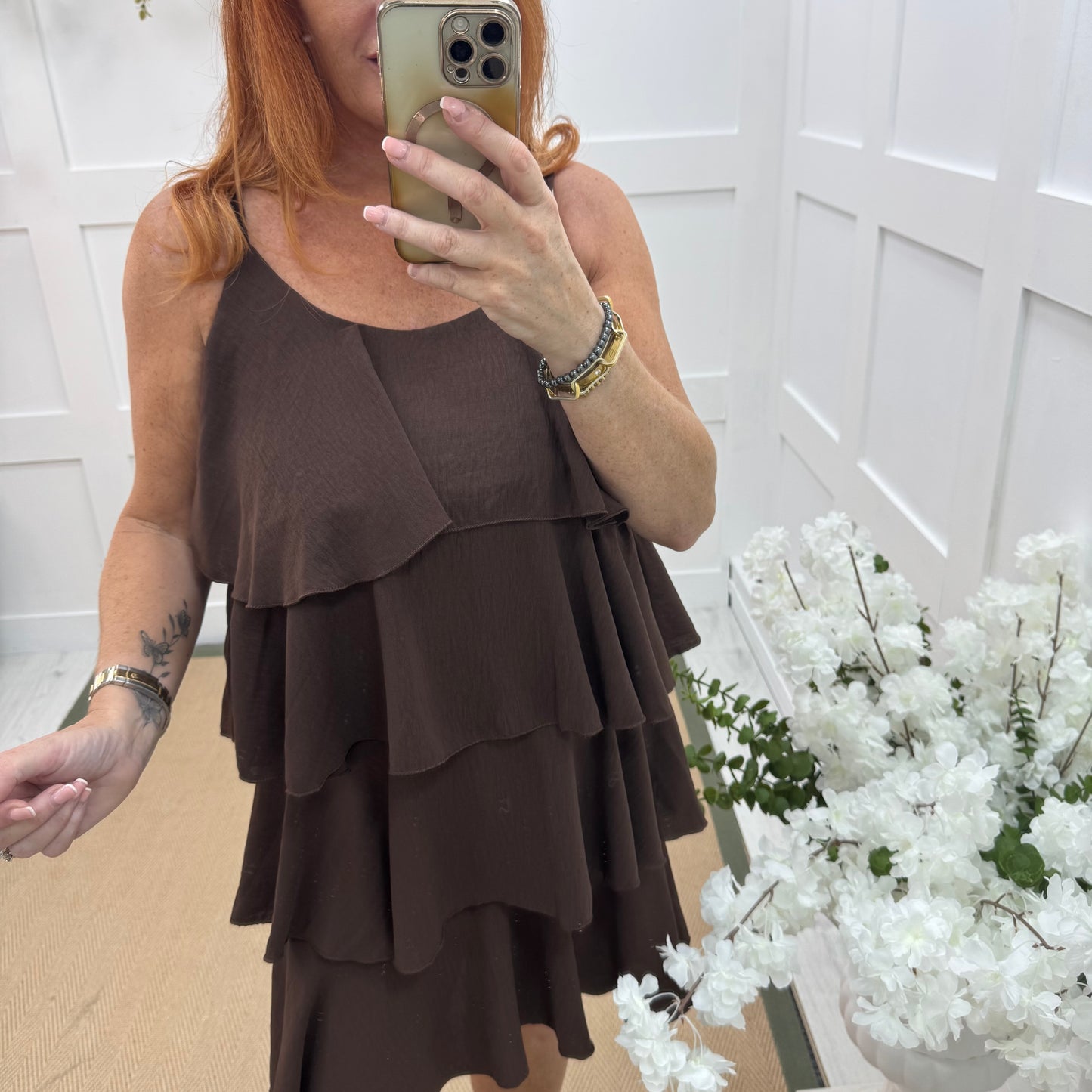 Rachel: Brown short tiered rara dress. One size 8-16