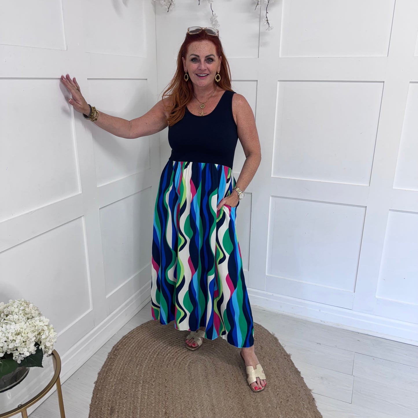Harper: Navy & multicoloured vest dress . One size 10-18