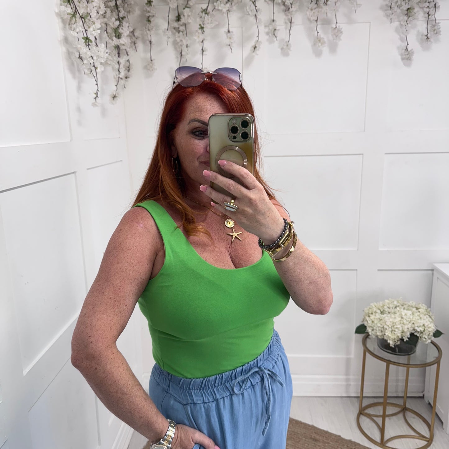 Abigail: Stretchy green basic vest top. 2 sizes