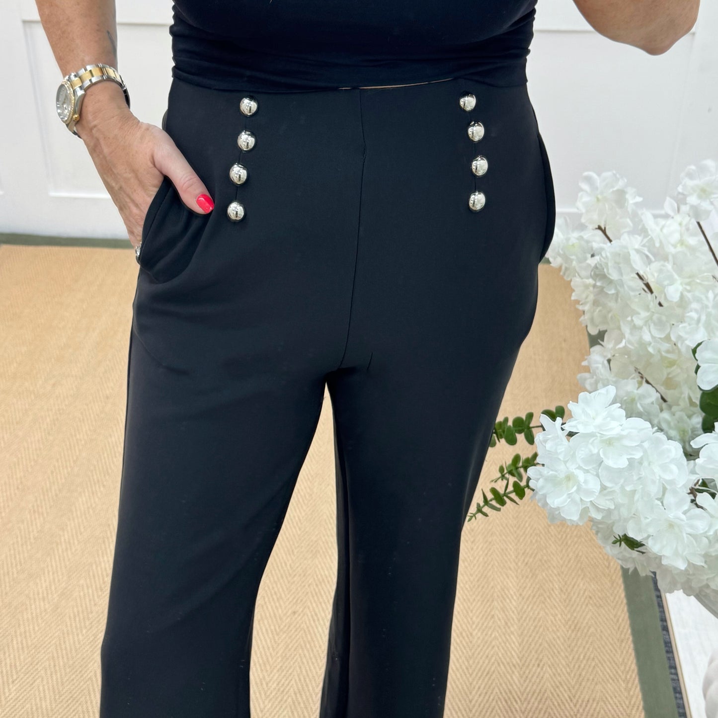 Paris: Black stretchy silver button trousers. 4 sizes