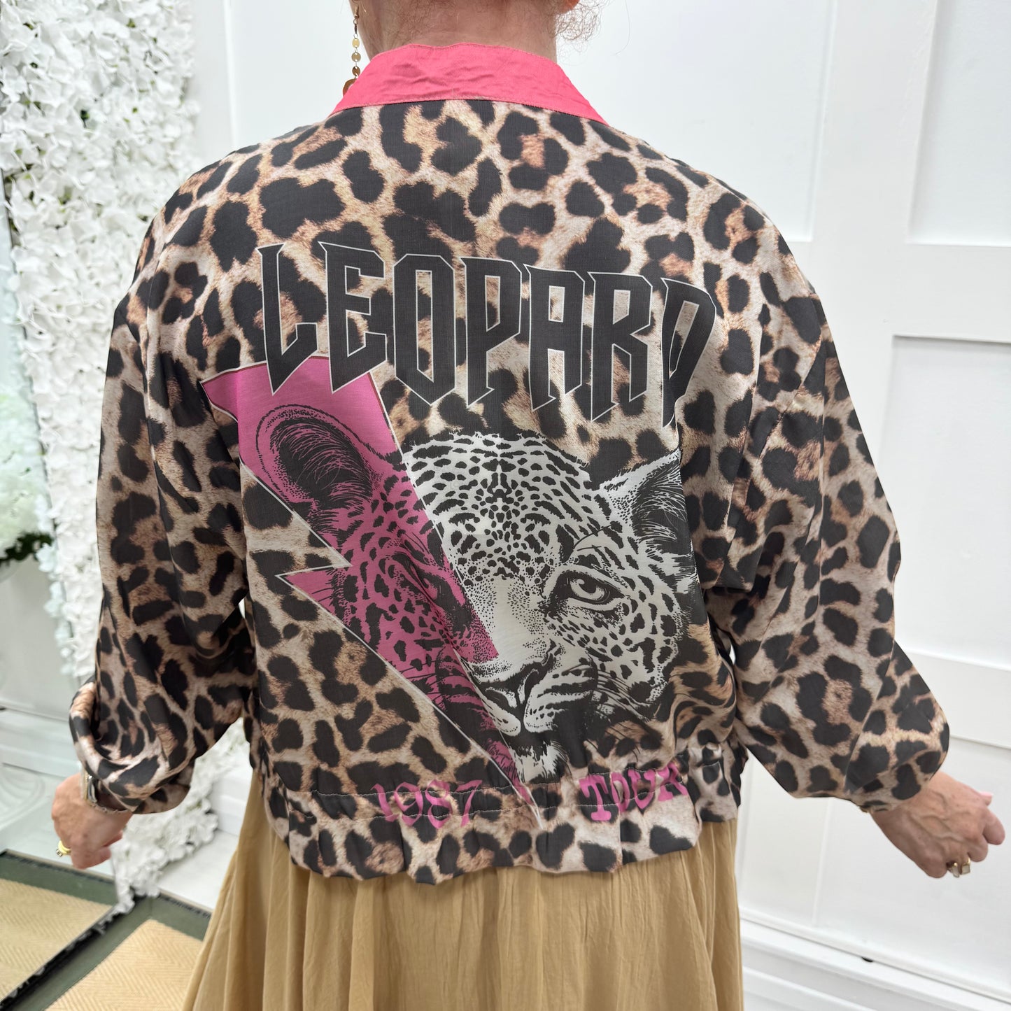 Briony: Silky pink & leopard printed bomber jacket. One size: 10-18