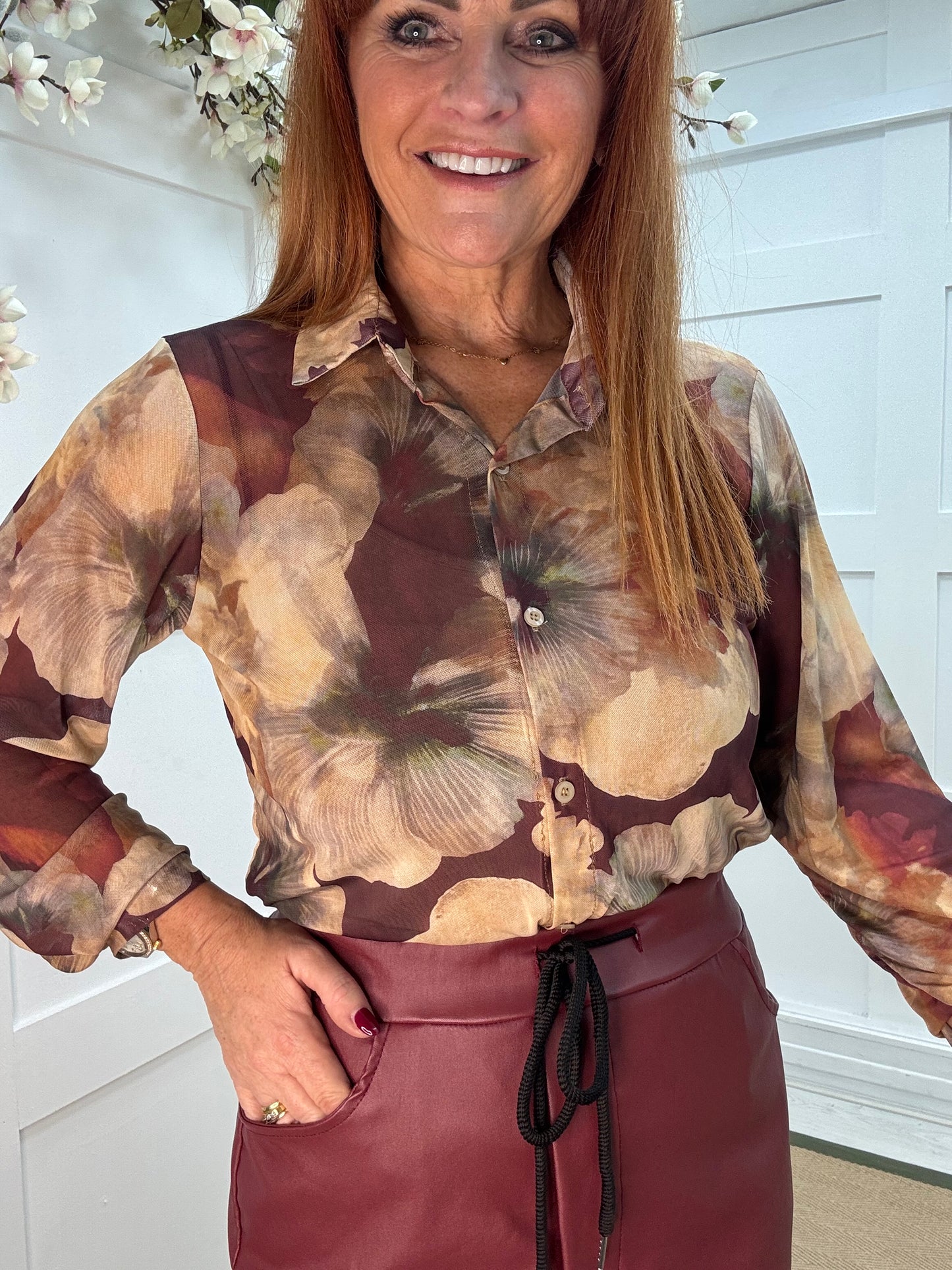Rosario: Burgundy floral mesh shirt. One Sz: 10-16