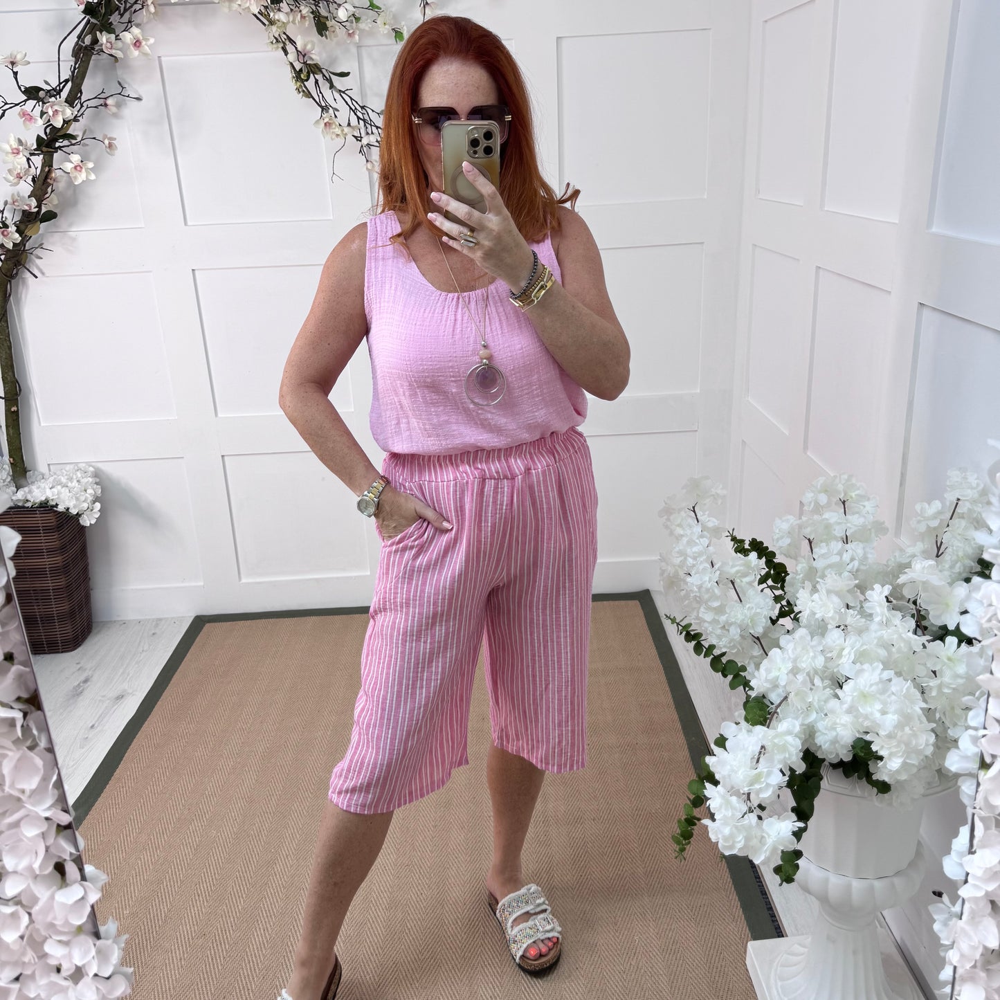 Fran: Pink & white stripe shorts. One Size 10-16