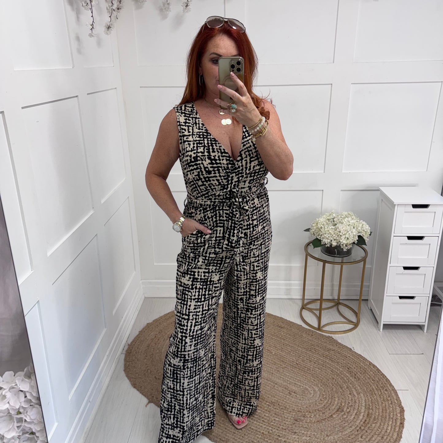 Nina: Black & cream wide leg jumpsuit. 3 sizes