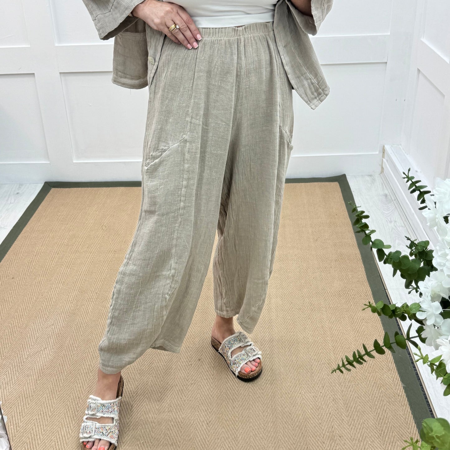 Kelsey: Stone jacket & trouser co-ord set. One size: 14-20/22