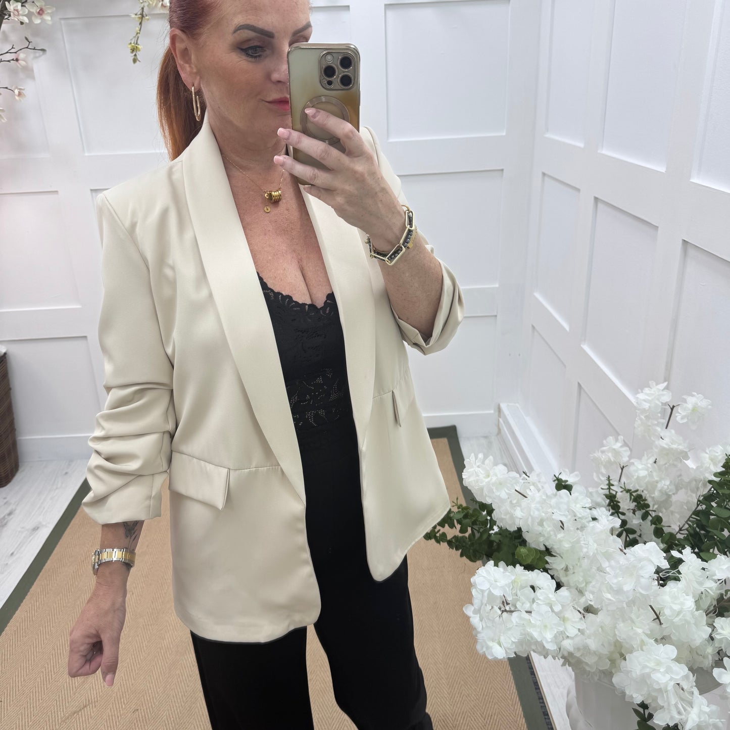 Jody: Cream ruched sleeve blazer. Sizes 10-18