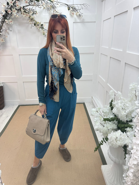 Taylor: Teal cocoon harem trousers. One Sz: 10-16