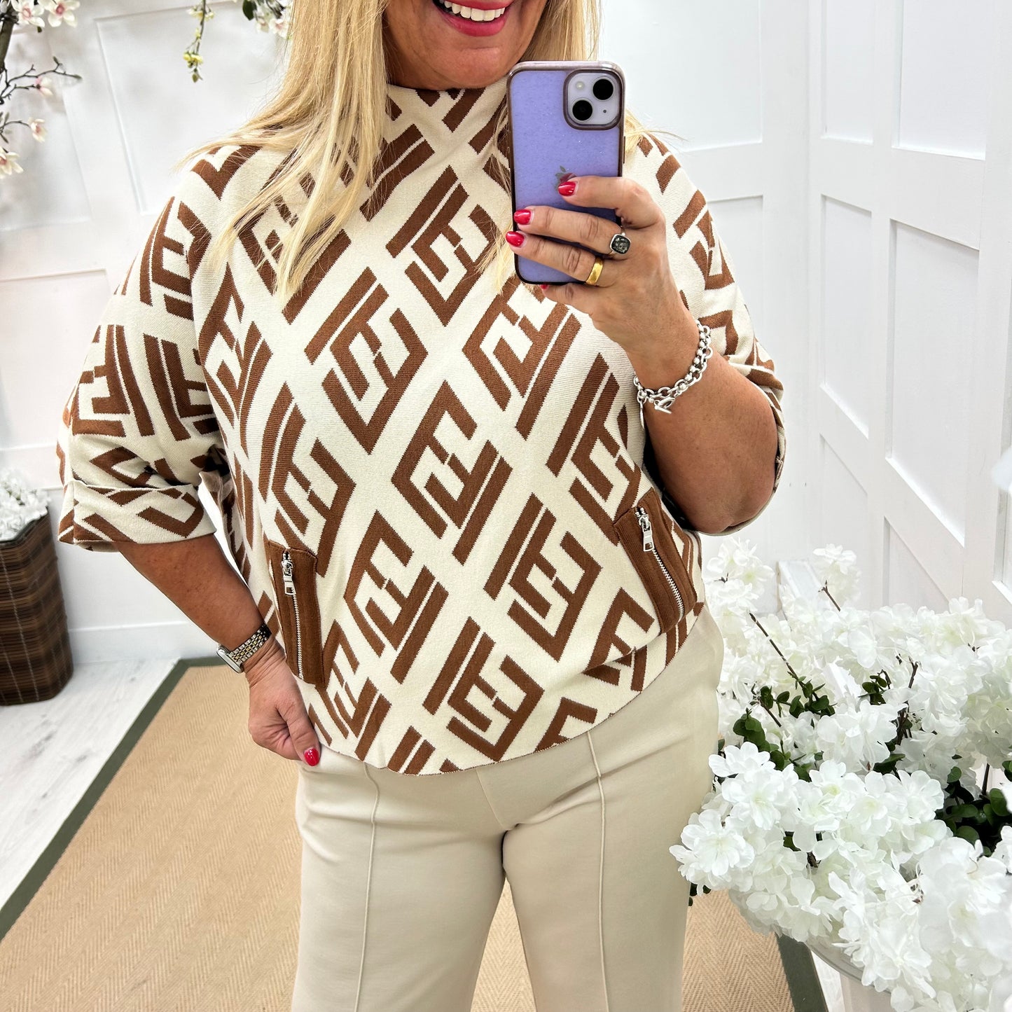 Harper: Cream designer inspired top. One size: 12-18