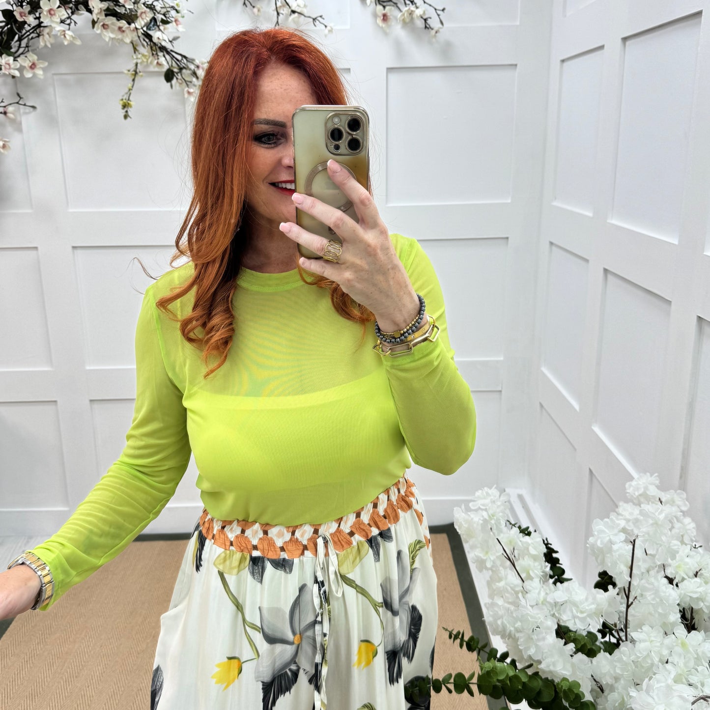 Romy: Lime sheer mesh top. One Sz: 12-18