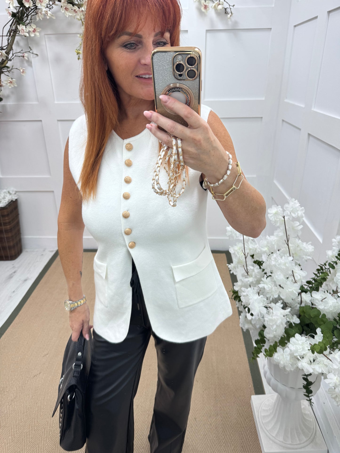 Avalon: White structured knit button waistcoat. One size: 10-16