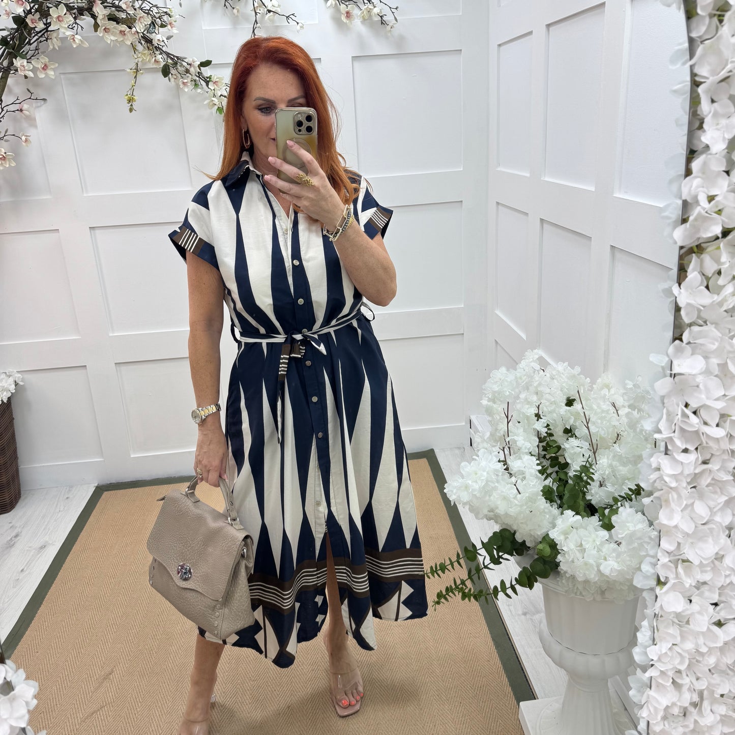 Odessa: Navy blue diamond print shirt dress. One size 12-16