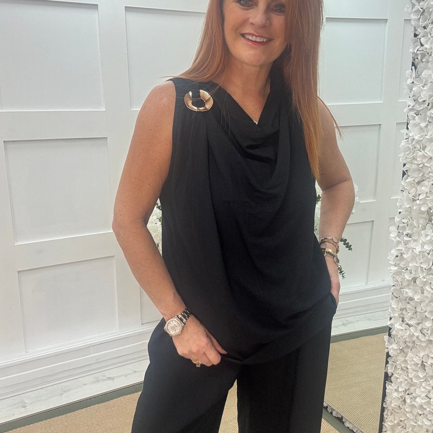 Melissa: Black cowl neck top & trouser co-ord set. One size: 12-18