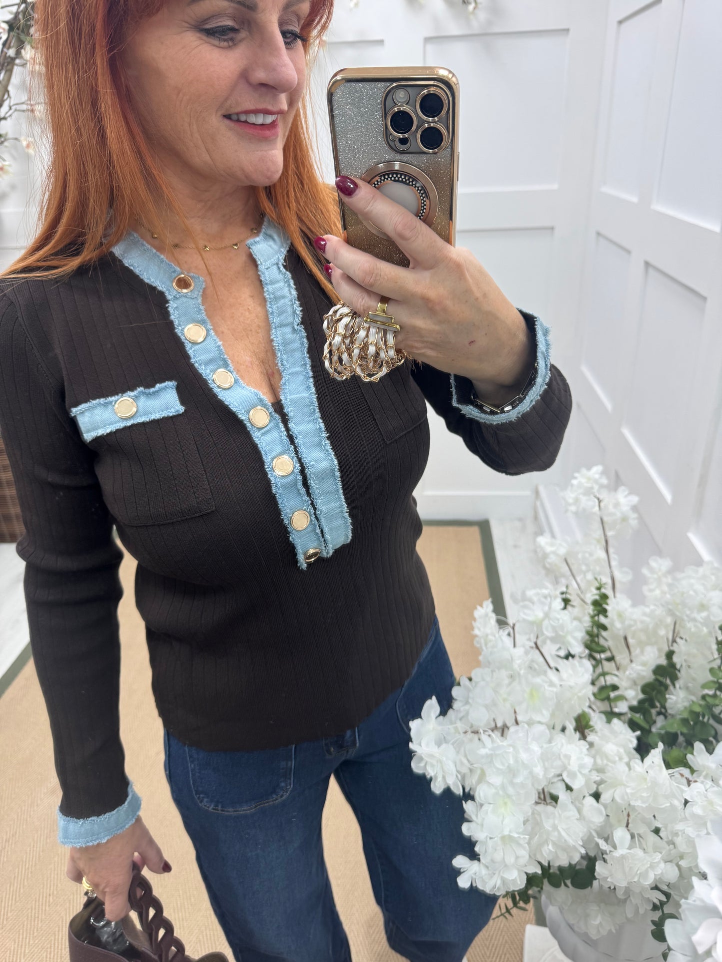 Harley: Brown blue & denim long sleeve top. One Sz: 10-16