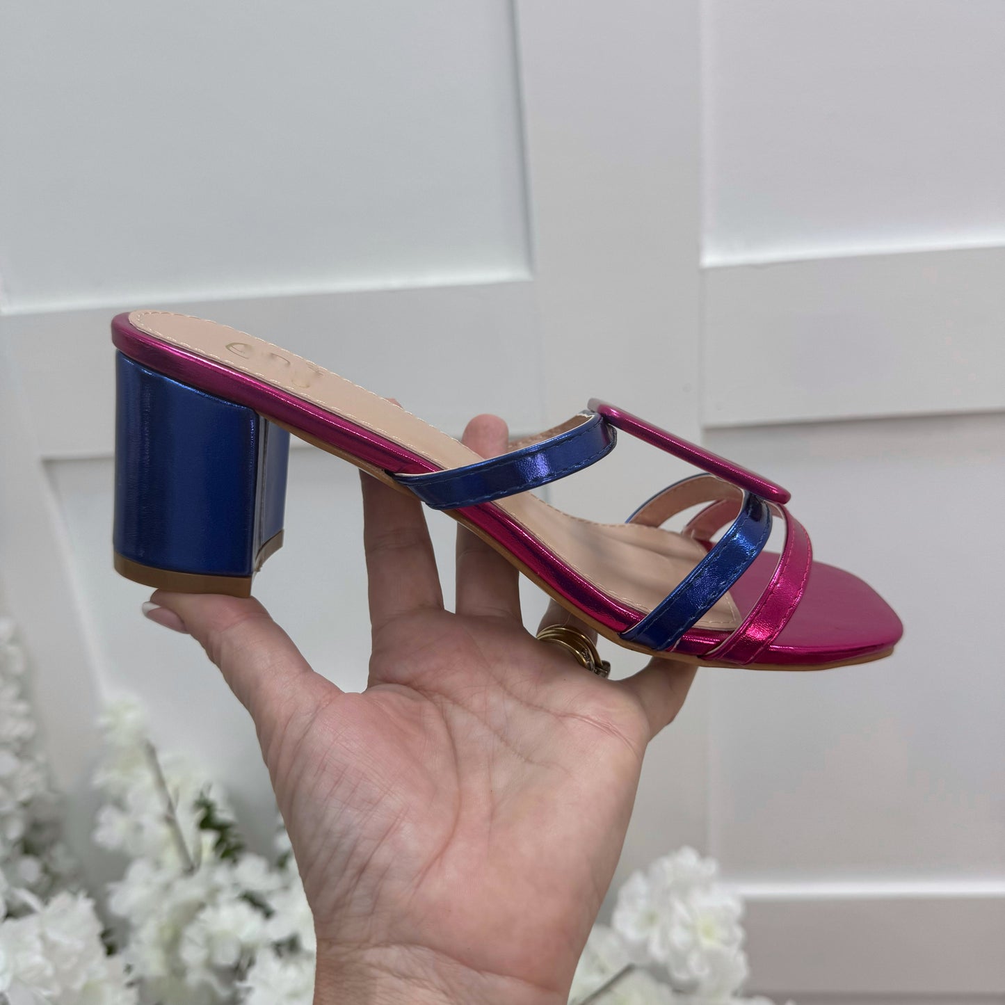 Rosa: Metallic pink & blue large buckle sandals. Sizes: 3-8