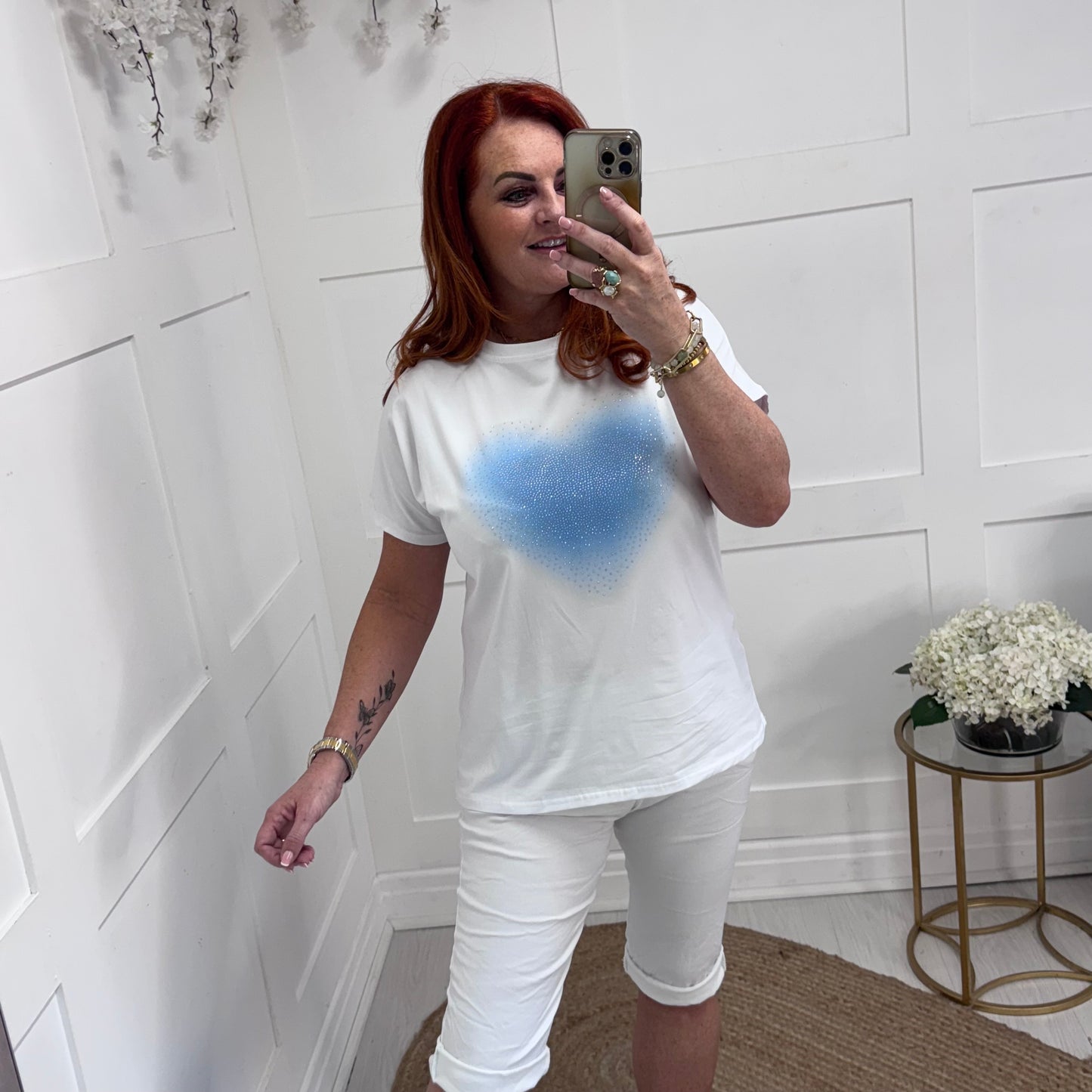 Katie: White & blue diamanté’ heart T shirt. One size: 14-18